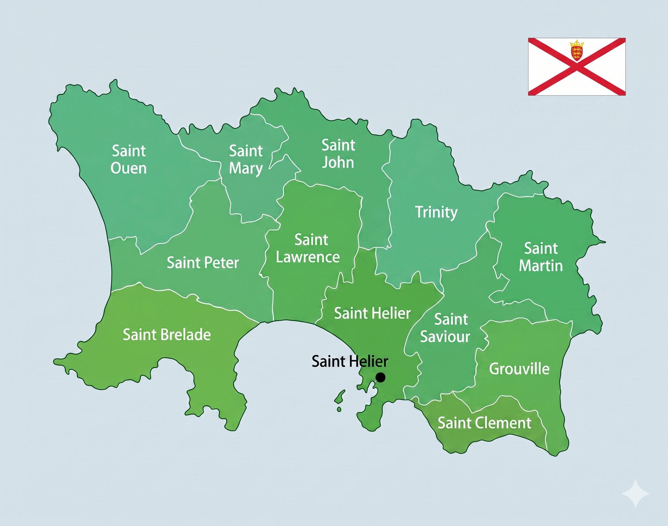 Map of Jersey showing all 12 parishes